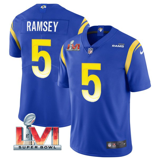 Men's Los Angeles Rams #5 Jalen Ramsey 2022 Royal Super Bowl LVI Vapor Limited Stitched Jersey Men's Los Angeles Rams #5 Jalen Ramsey 2022 Royal Super Bowl LVI Vapor Limited Stitched Jersey